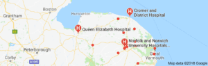 A Map showing NHS hospitals in Norfolk