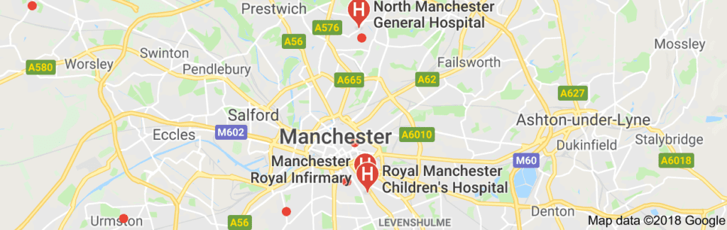 A Google Map showing NHS hospitals and clincs in Manchester