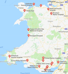 A map showing the hospitals in Wales