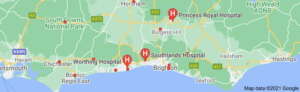 Map of Sussex NHS Hospitals