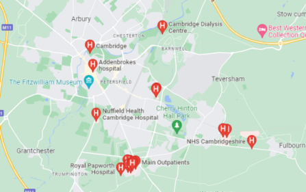 Hospitals in Cambridge Map