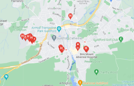 A Map showing NHS Hospitals and clinics in Guildford