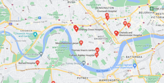 Map of hospitals in Fulham, London