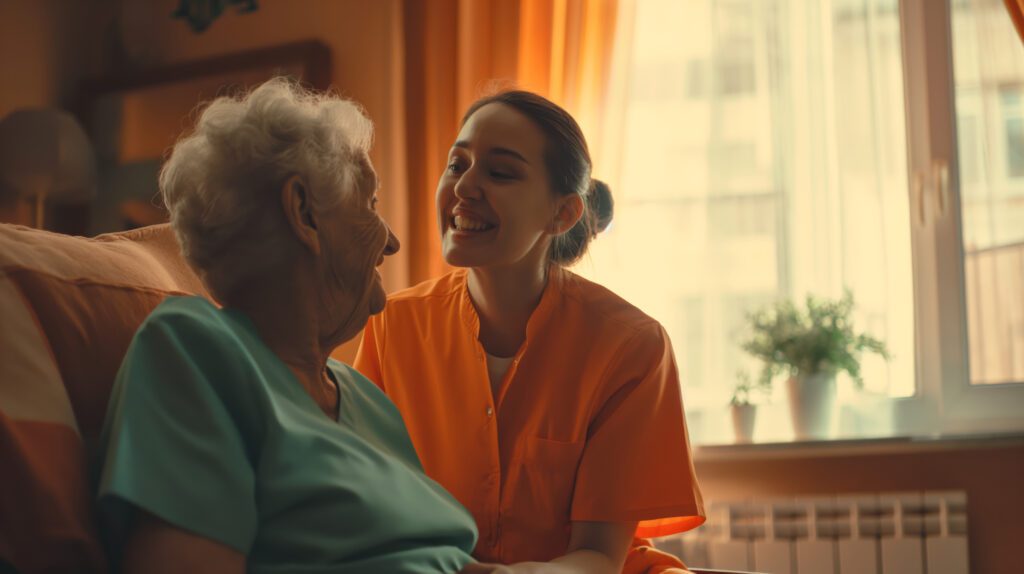 female live in carer chatting to her client in their home