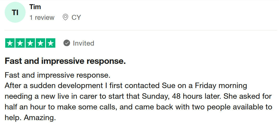 Trust Pilot 5-star review for quick start live-in care