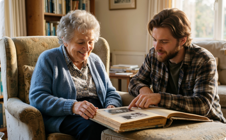 A man and woman seated together, examining an old book with interest in a cozy setting.